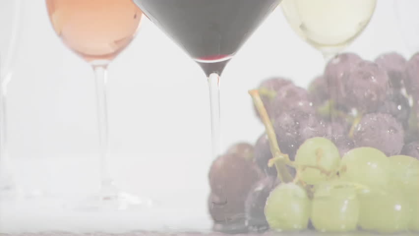 Composite of glasees with white, rose and red wine glasses over grapes on white background. Wine, drink, drinking and alcohol concept.