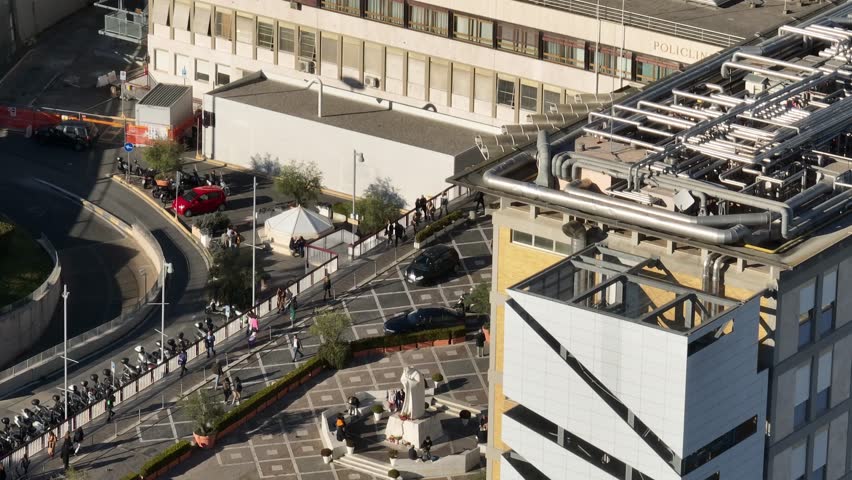 Aerial view of the entrance of the Gemelli University Hospital located in Rome, Italy. It