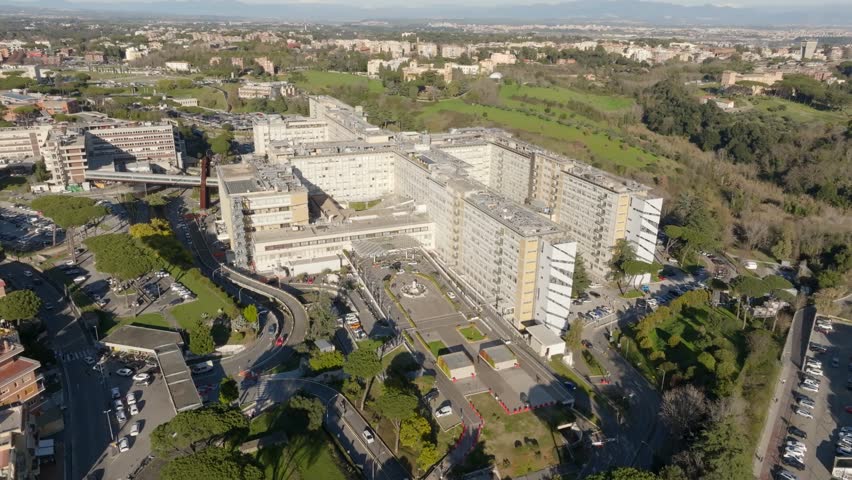 Aerial view of the Gemelli University Hospital located in Rome, Italy. It is a large general hospital and serves as the teaching hospital for the medical school of the Cattolica University.