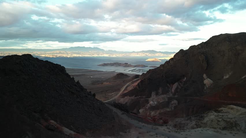 Aerial of Lake Mead recreation area by Hoover Dam in Boulder City Nevada