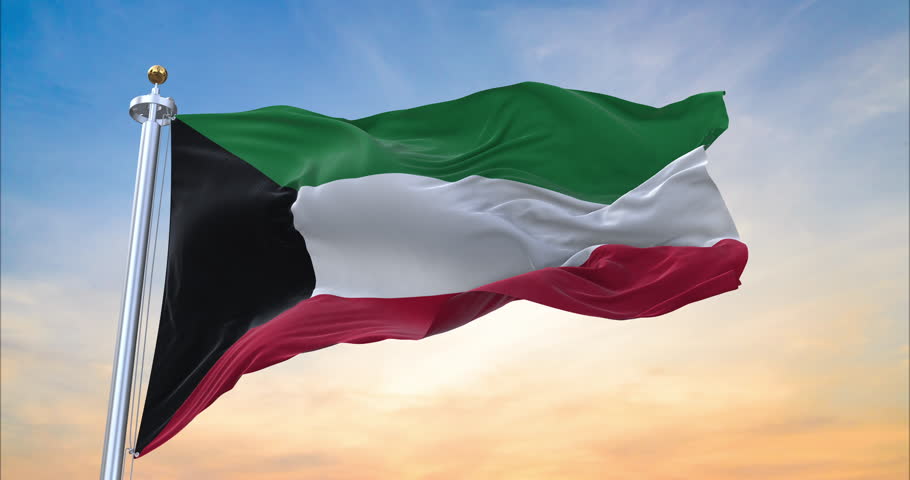 Flag of Kuwait realistic waving in the wind with sundown background (Perfect Loop)