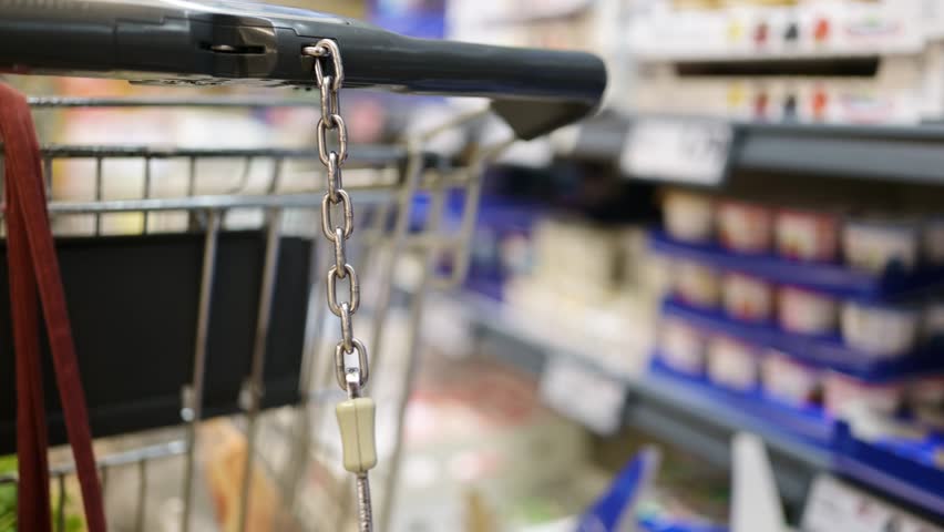 supermarket cart chain Swaying in the food market Royalty-Free Stock Footage #3443741679