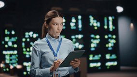 IT specialist lady working tablet computer in data center closeup. Successful businesswoman overlooking server farm cloud computing facility typing digital device screen. Woman looking asides at work - Powered by Shutterstock - Get 15% off with code: PIKWIZARD15