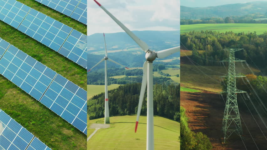 Collage of wind turbines, solar power station, power transmission lines renewable green energy concept 