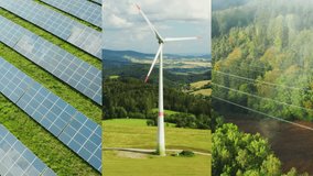 Collage of wind turbines, solar power station, power transmission lines for green and renewable energy - Powered by Shutterstock - Get 15% off with code: PIKWIZARD15