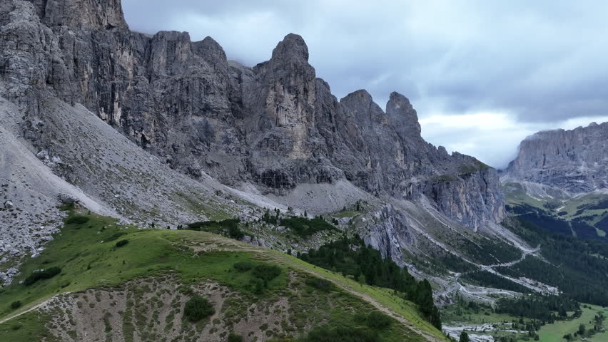 Panoramic view of Dolomite mountain valley