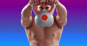 Animation of shirtless fit biracial man working out with kettlebell over colourful light spots. Fitness, exercise, wellbeing and healthy lifestyle, digitally generated video.