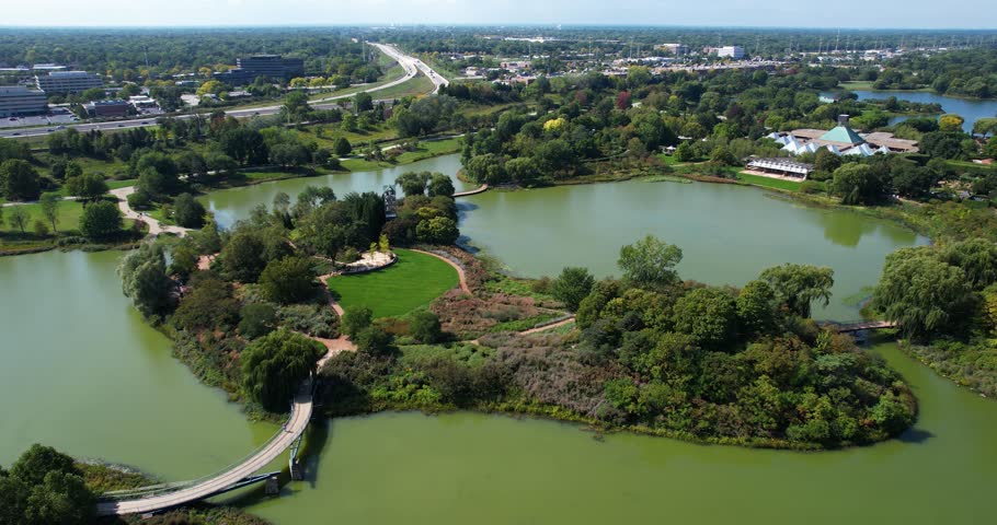 Aerial View of Chicago Botanical Garden, Glencoe IL USA, Green Parks and Lake