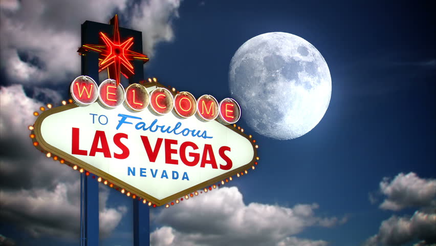 A stylized look at the Las Vegas welcome sign with time lapse clouds and a full