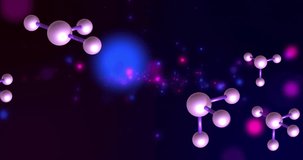 Animation of molecules and scientific data processing on dark background. Global science, connections, computing and data processing concept digitally generated video.