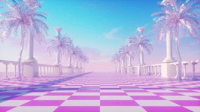 This stock motion graphics video shows an abstract colorful synthwave backdrop with palm trees and endless road animation on a seamless loop.