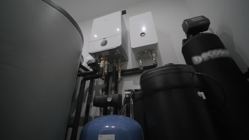 House boiler room interior with modern water heating system