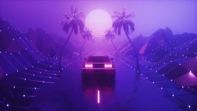This Stock Motion Graphics video shows a Driving Car with Endless Road and landscape SynthWave style animated Background on a seamless Loop