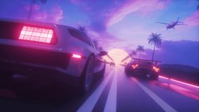 This Stock Motion Graphics video shows a Driving Car with Endless Road and landscape SynthWave style animated Background on a seamless Loop