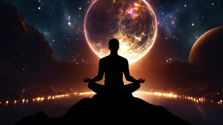 Silhouette of a man meditating on the lotus pose in front of galaxy universe background Royalty-Free Stock Footage #3443921471