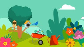 flat illustration of animated spring background in the garden with flowers, plant leaves and flying birds, looping video for spring celebrations with 4k resolution