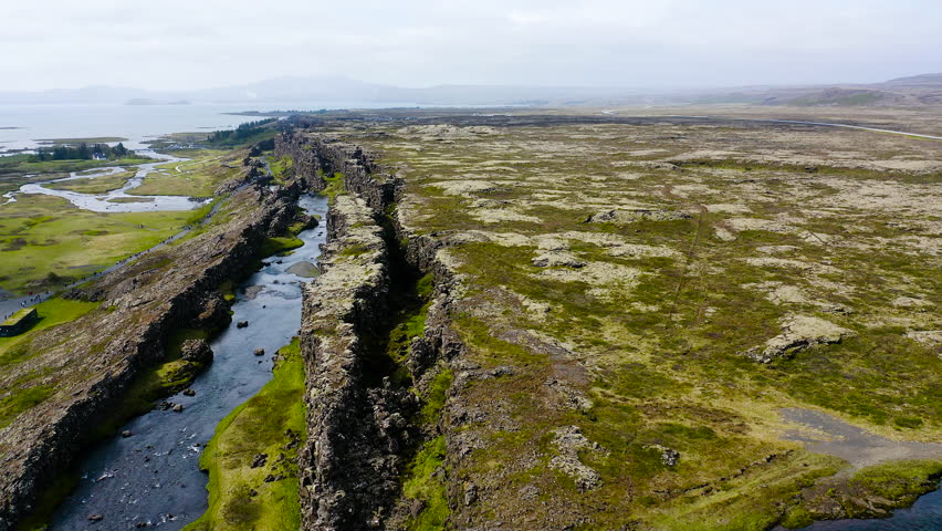 Aerial view of the amazing break between tectonic plates in the Thingvellir National Park, Iceland.