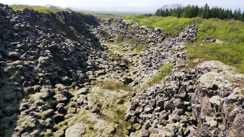 Aerial view of the amazing break between tectonic plates in the Thingvellir National Park, Iceland.