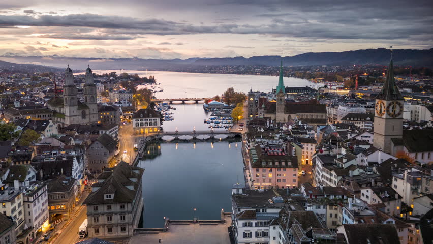 Zurich, Switzerland overlooking the Limmat River at dawn.