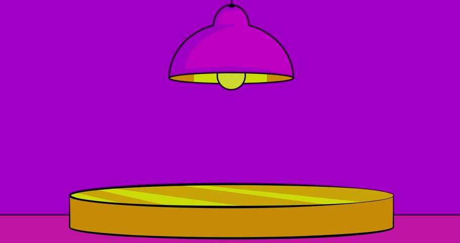 Cartoon podium, comic book stage video with pendant lamp. Retro comics pop art design animation.
