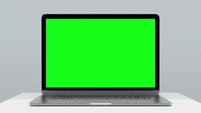 Laptop Green Screen Display Open on White Background Mock-up. Empty Green Monitor Animation for Video Call, Website Template Presentation or Game Applications. One Blank Technology Zoom 3D render 4k - Powered by Shutterstock - Get 15% off with code: PIKWIZARD15