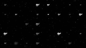 Template animation of evenly spaced hare runs symbols of different sizes and opacity. Animation of transparency and size. Seamless looped 4k animation on black background with stars