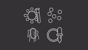 Animated lab research white icons. Virology line animation library. Laboratory research of microorganisms. Isolated illustrations on dark background. Transition alpha. HD video. Icon pack