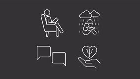 Psychology therapy animation library. Mental illnesses animated white line icons. Stress management, depression. Isolated illustrations on dark background. Transition alpha. HD video. Icon pack