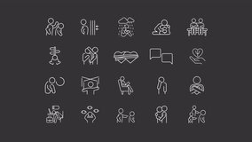 Mental health animation library. Psychological illness animated white line icons. Mood disorder. Social companionship. Isolated illustrations on dark background. Transition alpha. HD video. Icon pack