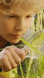 Handsome Young Naturalist Scientist Explores Plant Life and Insect Life with Magnifying Glass. Smart Curious Boy Botanist and Entomologist Explores Nature. Vertical Screen