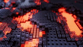 3D animation of a digital landscape with glowing lava-like patterns among tech-grid blocks. 3D Illustration