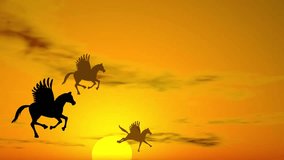 Silhouette of running pegasus horse in sunset background animation clip