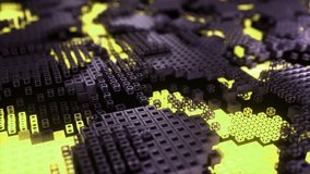 3D animation depicting a vivid digital terrain with radiant yellow highlights on a tech grid. 3D Illustration