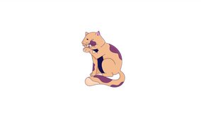 Spotted cat licking itself line 2D character animation. Eyes closed kitty tongue out. Single pet flat color cartoon 4K video, alpha channel. Friend pedigreed animated animal on white background