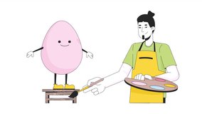 Easter egg personage painting adult man line 2D characters animation. Prepare holiday Eastertide flat color cartoon 4K video, alpha channel. Easteregg decorating animated person on white background