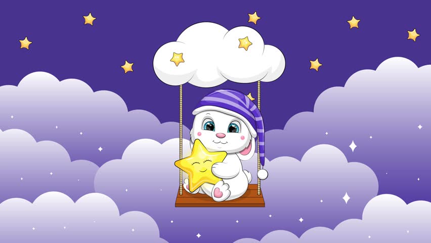 Animal swing in the sky with clouds and stars. Night looped animation. Cute cartoon white rabbit in a nightcap holds a star.  Royalty-Free Stock Footage #3444239177