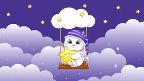 Animal swing in the sky with clouds and stars. Night looped animation. Cute cartoon white rabbit in a nightcap holds a star. 