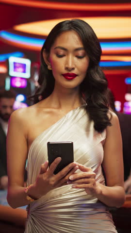 Vertical Screen: Advertising Template with an Asian Female Showing a Smartphone with a Green Screen Mock Up Display. Professional Beautiful Model in a Casino with People Gambling in the Background Royalty-Free Stock Footage #3444310311