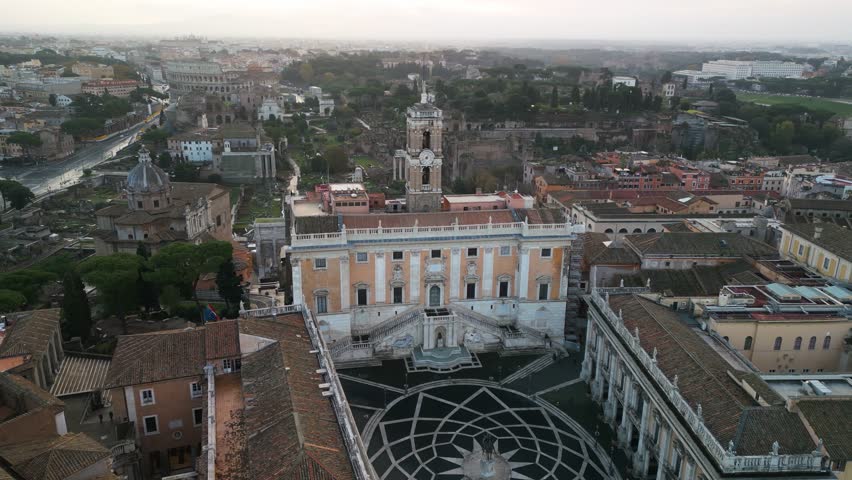 Orbiting Aerial View Above Piazza del Campidoglio with Roman Forum, Colosseum in Background