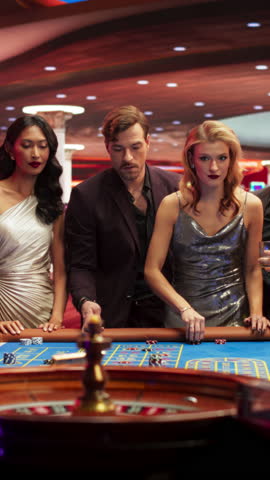 Vertical Screen: Cheerful Group of Rich Young People Gathered Around a Roulette Table at a Modern Casino. Cinematic Footage of Energetic Gamblers Placing Bets, Excited Friends Congratulating Winners