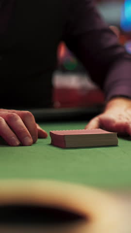 Vertical Screen: Close Up On Hands Of Professional Poker Dealer Doing A Riffle Shuffle Of Playing Cards Before Game In Luxurious Casino. Anonymous Croupier Shuffling Deck Before Competitive Tournament Royalty-Free Stock Footage #3444313891