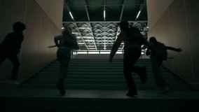 Elementary primary school kindergarten indoors interior four children group active pupils kids classmates students little boys girls running on stairs hurry run to class lesson classroom play together - Powered by Shutterstock - Get 15% off with code: PIKWIZARD15