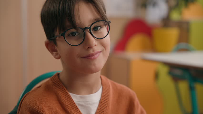 Portrait headshot little Caucasian boy in eyeglasses bad vision health healthy son looking at camera primary school guy kid schoolboy child baby pupil student in kindergarten studying education smile Royalty-Free Stock Footage #3444344867
