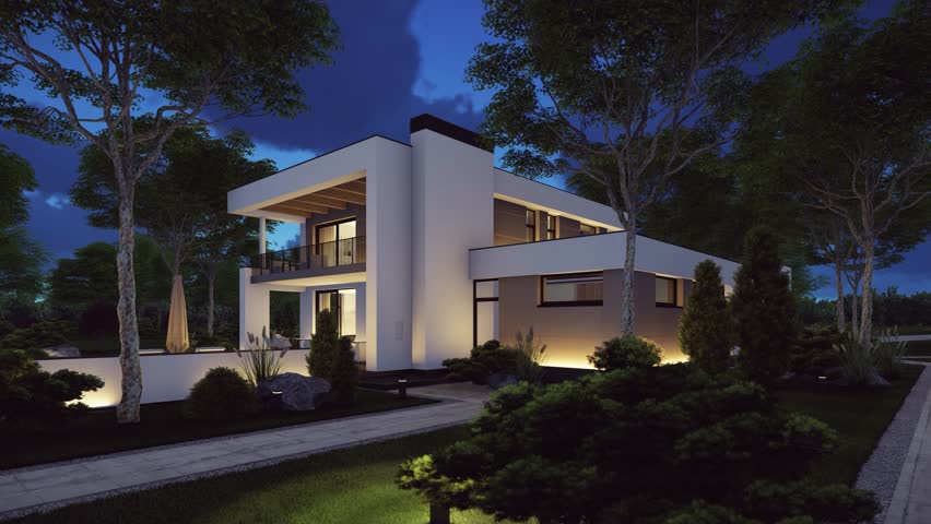 4K video rendering of modern cozy house with pool and garage for sale or rent in luxurious style and beautiful landscaping on background. light on after sunset