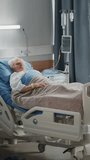 Vertical Screen. Hospital Ward: Portrait of Elderly Man Resting in Bed, Fully Recovering after Sickness and Successful Surgery. Old Man thinking about His Happy Life, Remembering His Family, Friends