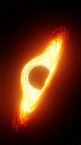 Vertical 3d animation large spacecraft with glowing neon lamp flying in cosmos toward glowing Black hole