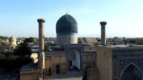 Uzbekistan. Samarkand. Go'ri Amir Makbarasi. The panarama of the city. Video from the drone.