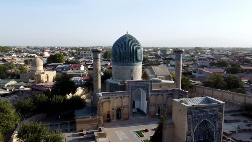 Uzbekistan. Samarkand. Go'ri Amir Makbarasi. The panarama of the city. Video from the drone.