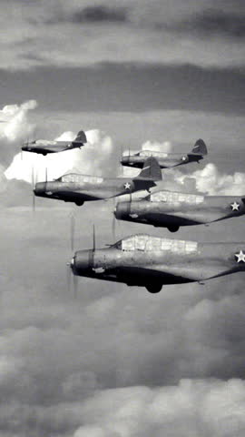 Vertical video of five fighter airplanes travelling in formation above the clouds. Clouds from my portfolio; planes are public domain images (simulation).	