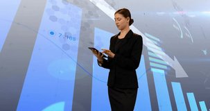 Animation of financial data processing over caucasian businesswoman using tablet. Global finance, business, connections, computing and data processing concept digitally generated video.